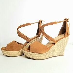 UGG Reagan Peep Toe Suede Jute Platform Espadrille Wedge Tan Brown Sandals, 10